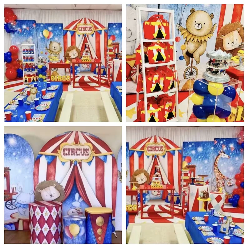 Mehofond Arch Backdrop Cover Circus Kids Birthday Party  Baby Shower Carnival Red Tent Sea lions Decor Chiara Background Props