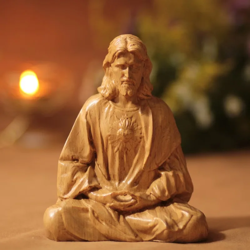 Meditating Sacred Heart Jesus Statue， A Thoughtful Resin Decor for Prayer Reflection Piece for Home,Living Room,Spiritual Spaces