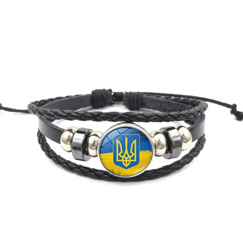 Popular Jewelry Glass Pendant Leather Bracelet Ukrainian Flag Element Bracelet Fashion Handmade Unisex Gifts for Family, Friends