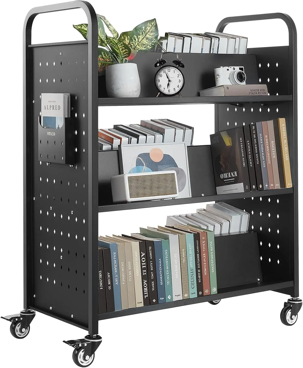 Rolling Library Book Cart, 330 lbs Capacity, 38.2 x 20.3 x 48.2-Inch Library Cart, Double Sided W-Shaped Shelves with 3-Inch Loc