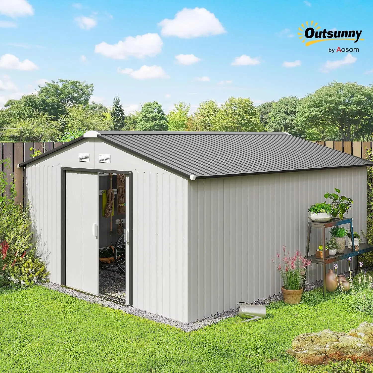 11x13ft Outdoor Storage Shed Metal Garden Tool House White, Customized