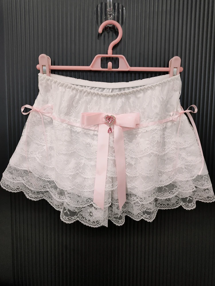 Cute Lace Shorts Lolita Safety Short Pants for Sweet Girls Elastic Waist Pink Bow Multilayer Bottoming Shorts Underwear