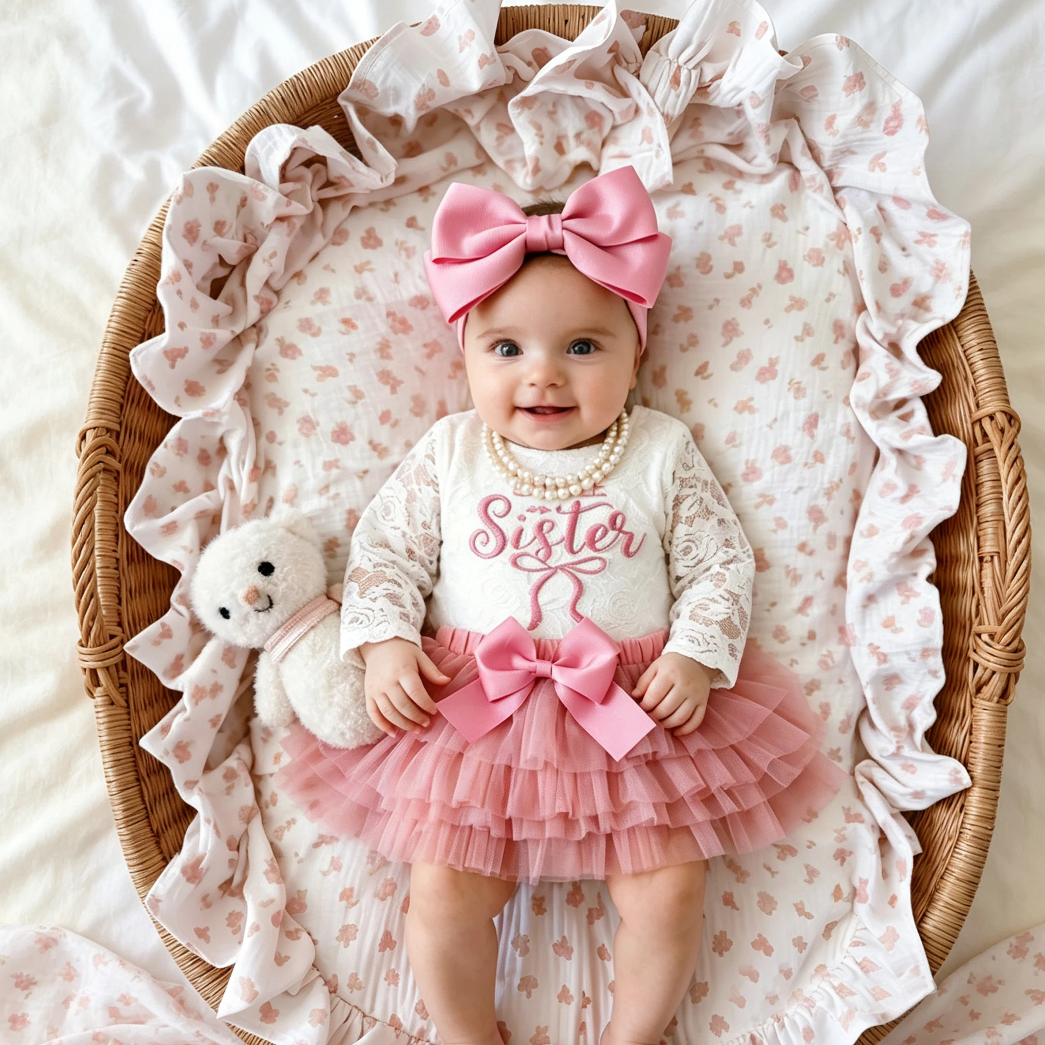Newborn Photography Outfit Baby Girl Little Sister Outfit Lace Long Sleeve Romper Pink Tiered Tulle Tutu Skirt Bow Headband-HD