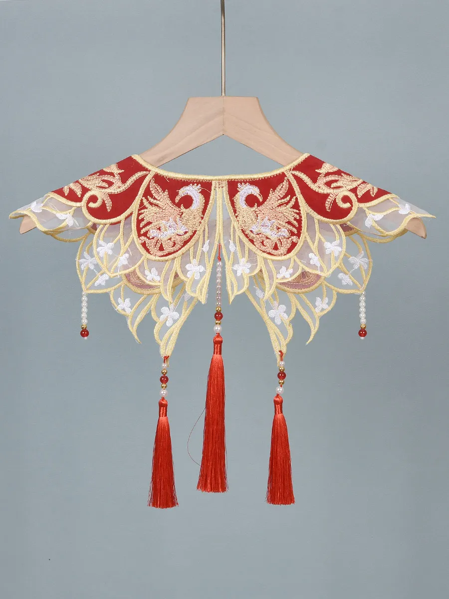 Kids Traditional Chinese Hanfu Cloud Collar Red Embroidered Tassel Sheer Shawl For Young Boys Girls Birthday Festival Party Wear