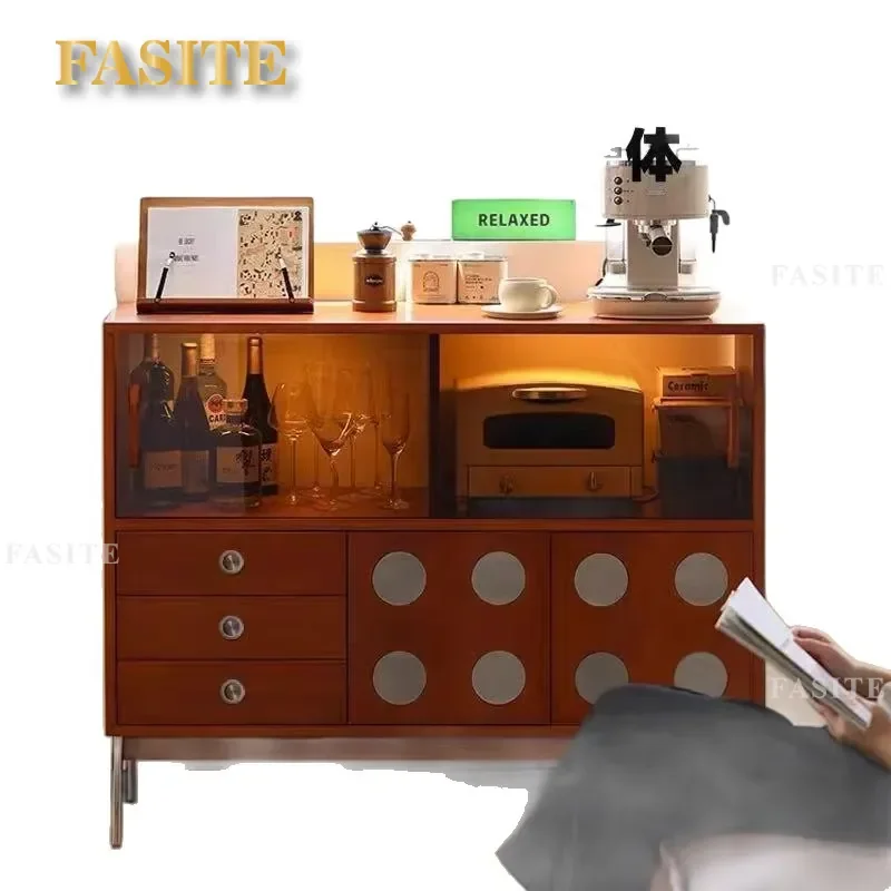Nordic Mid Century Modern Solid Wood Sideboard with Glass Doors Retro Living Room Storage Cabinet Small Apartment Wine Locker