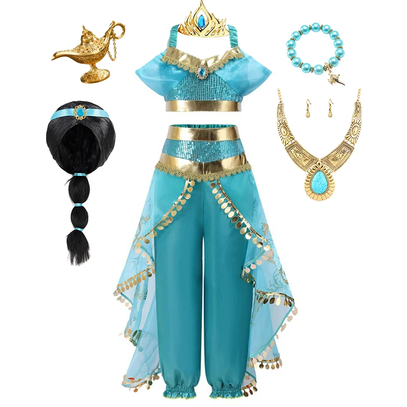 New Aladdin Jasmine Princess Cosplay Dress Set Girls Kids Birthday Party Halloween Carnival Outfit