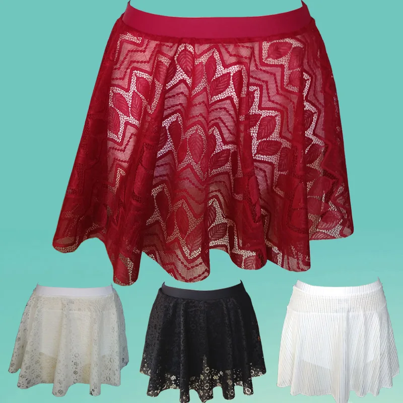 

High-Waist Lace-Skirt Swimsuit Women's Elastic No-Underwear Bla White Red Wine Color Surfing Sportswear Nylon Spandex