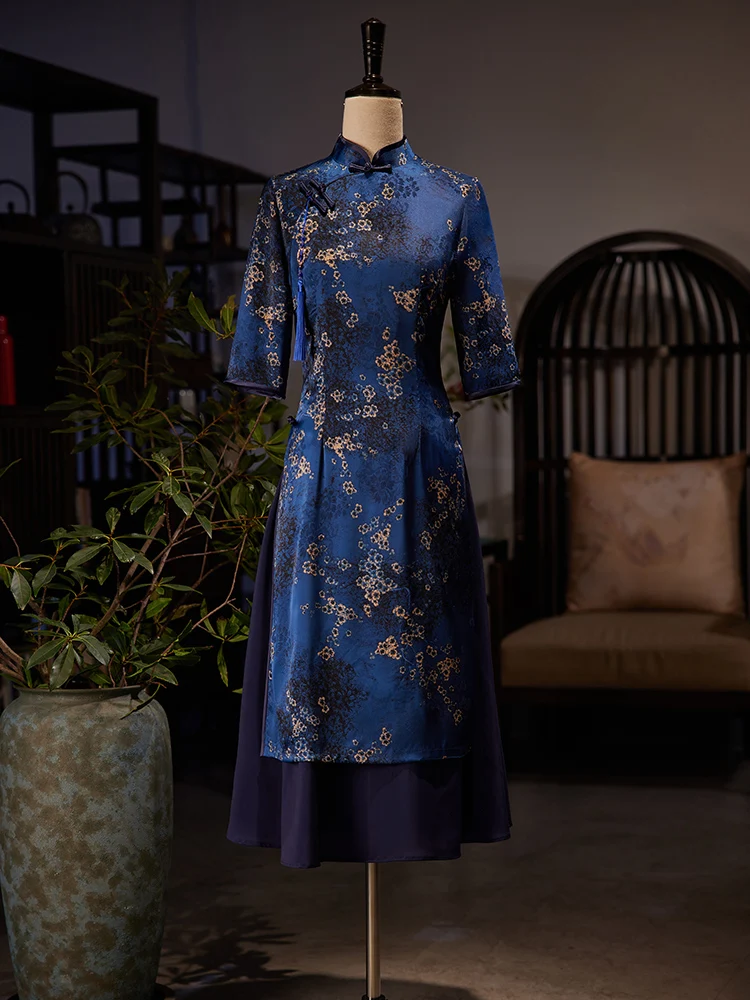 Improved Blue Cheongsam New Long Young High-End Temperament Daily Middle-Aged Dress