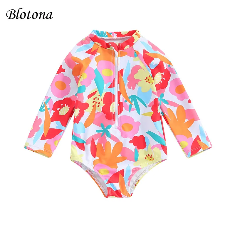 

Blotona Toddler Girls Swimwear Beach Swimwear Long Sleeve Crewneck Floral Print Bathing Suit