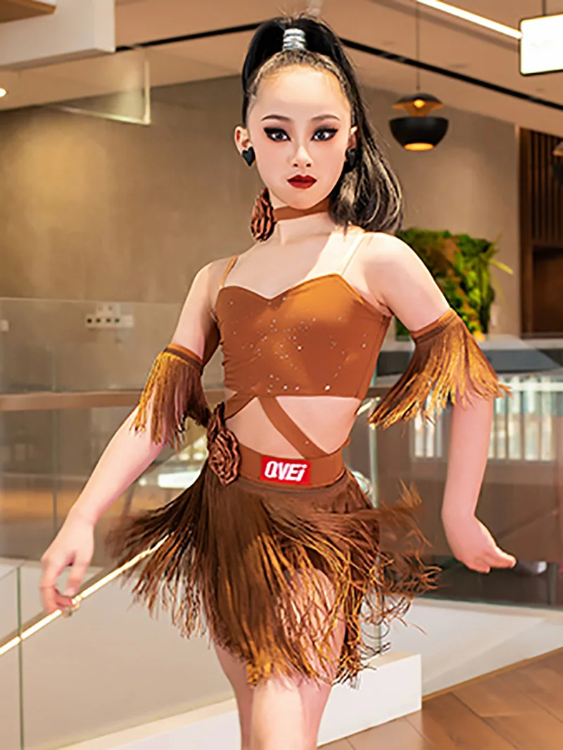Vêtements de danse latine pour enfants filles, bretelles Spaghetti, dos nu, jupes à franges, ensembles de Costumes de spectacle de Festival Rumba