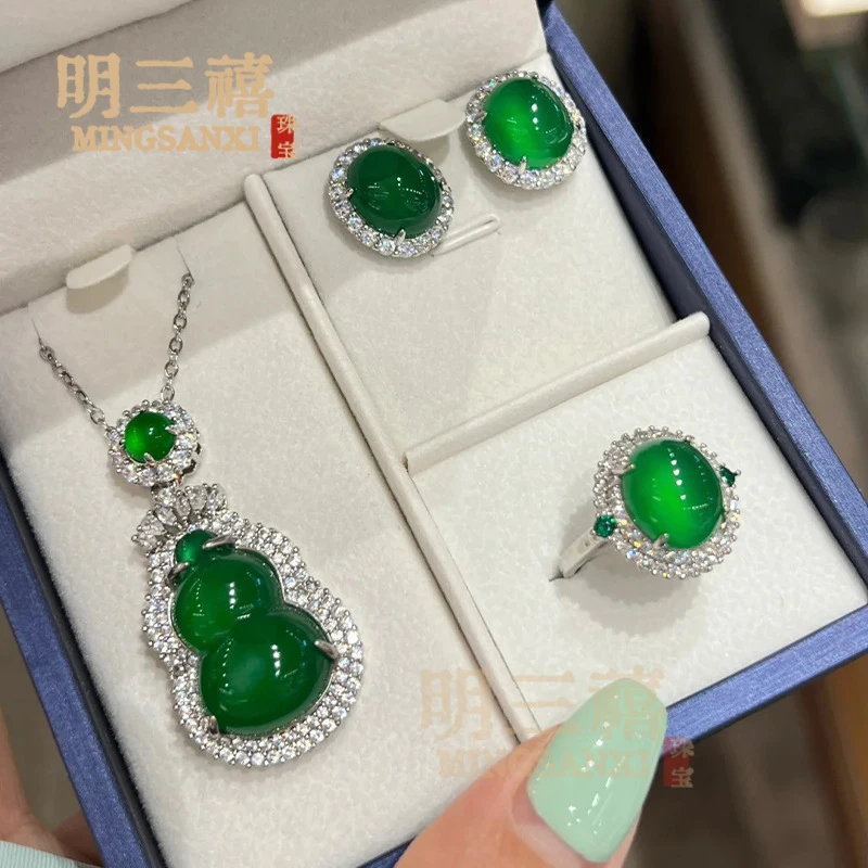 

High-quality chalcedony inlay set, agate , translucent Buddha pendant, pigeon egg earrings, adjustable ring, special offer