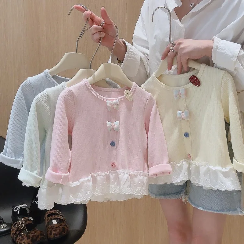 UNITIM Herbst-Unterhemd für Kinder, lockeres Unterhemd mit Schleife und Spitzenbesatz, für Kleinkinder, Mädchen, lange Ärmel, 2–8 Jahre, für Kinder, Mädchen, Rundkragen-T-Shirts – Detail 1