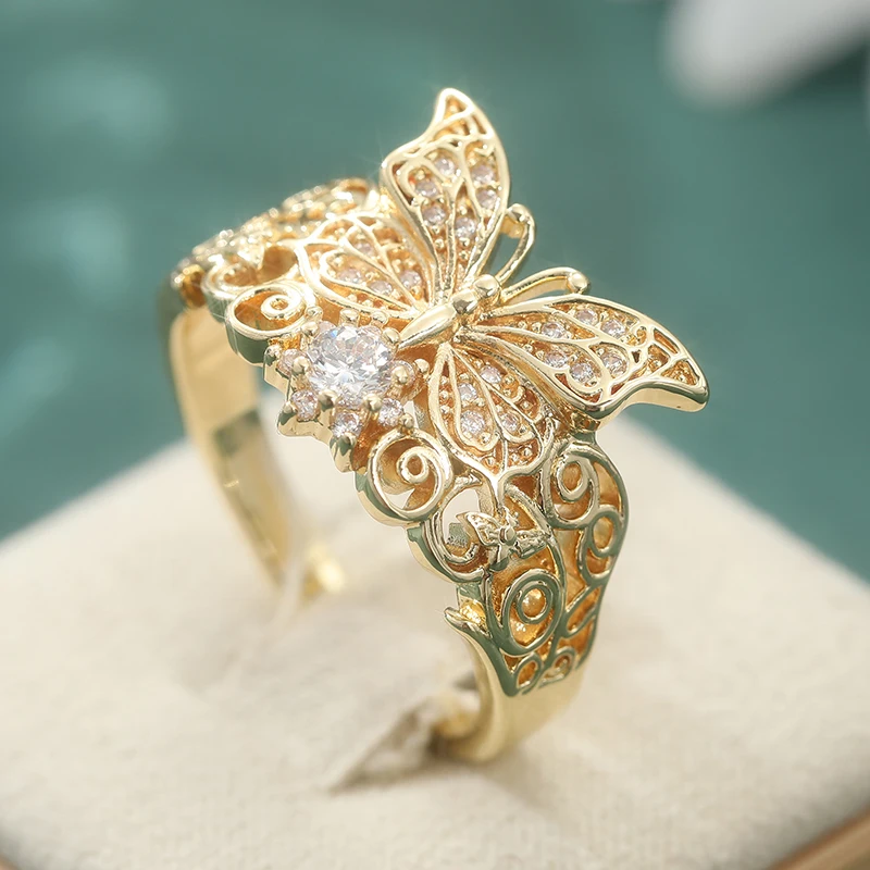 Sparkling Inlaid White CZ Butterfly Women's Ring Gold Color Hand Carving Hollow Daily Wear Party Jewelry Anniversary Gift