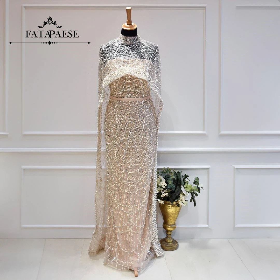 FATAPAESE Customized Dubai Arabia Mermaid Long Cape Luxury Evening Dresses Gowns with Cape Bride Wedding Party Celebrity Gown