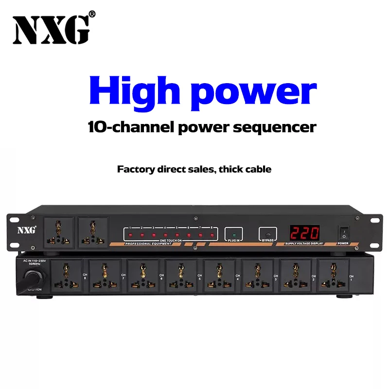 Network Server Surge Protector Power Distribution Device with 10 Sockets, Rack Mounted Power Board, Professional Power Sequence with Voltage Display Suitable for Studio and Home Theater Sound Systems, 10 Channel Audio Sequence Generator