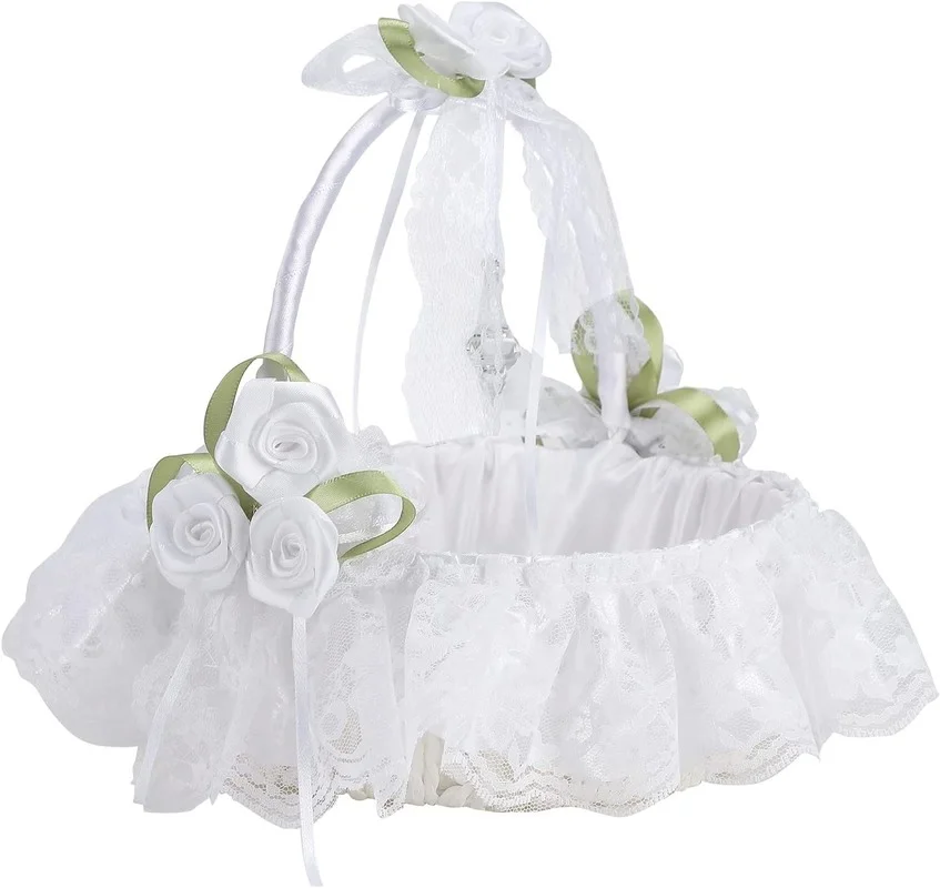 Large Ivory Beautiful Hand Flower Girl Baskets with Elegant Appearance for Weddings Decorated with Lace Artificial Crystal