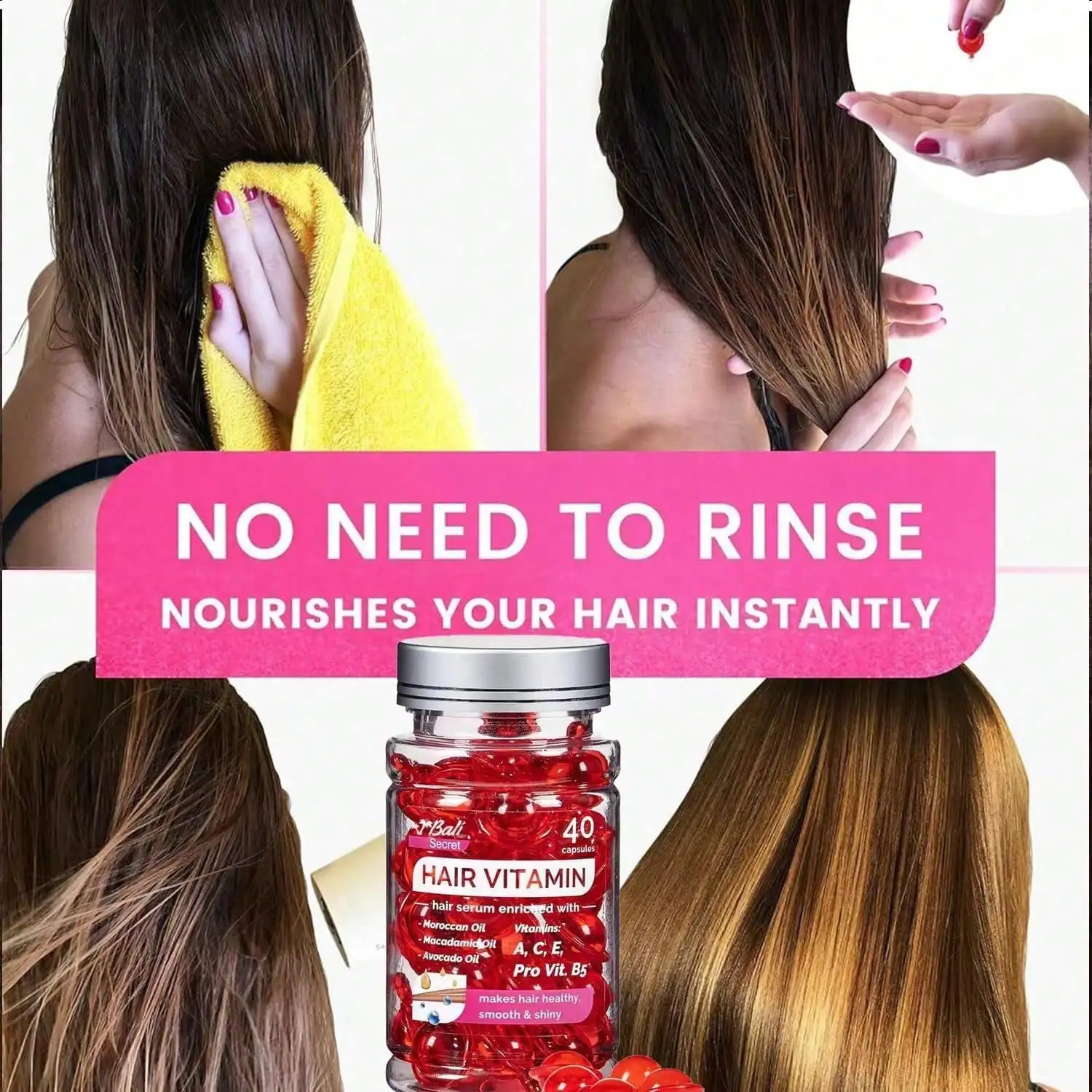 Hair Vitamin Oil Capsules - No Rinse Hair Care Serum With Argan Oil, & Avocado Oils Vitamins A, E, & Pro B5 - HairGloss - Conditioner For Women & Men,- Pack Of 2