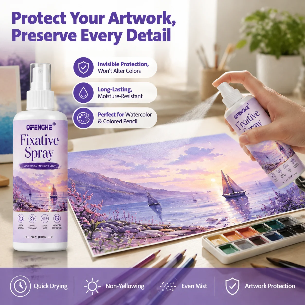 100ml Art Fixative Spray Quick Dry Non-Yellowing Protective Sealant for Watercolor Colored Pencil Pastel Pencil Drawings Artwork