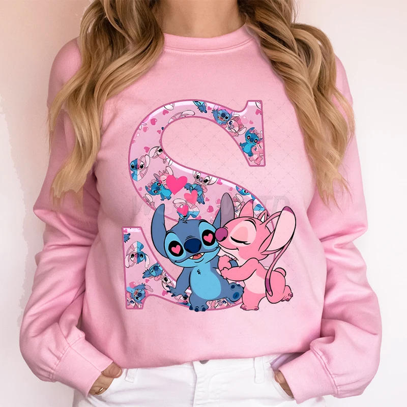 

Stitch 26 Alphabet Sweatshirt Angel Stitch Graphics Women Men Hoodless Pullover Long Sleeve Cartoon Stitch Letter Sportswear