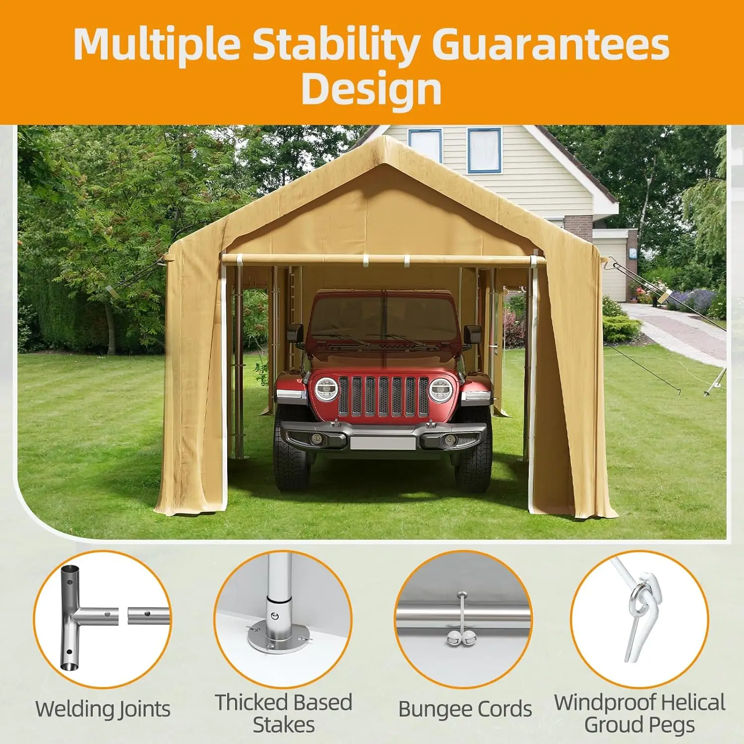 Heavy Duty Canopy, Portable Garage with Removable Sidewalls Doors & Windows, All Season Waterproof Tarp Outdoor Storaeg Shed for