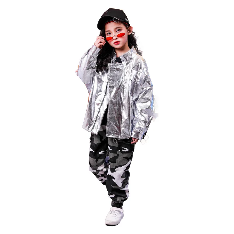 New Boys Hip Hop Costume Silver Coat Camouflage Pants Girls Jazz Performance Clothes Street Dance Outfits Stage Wear BL11472