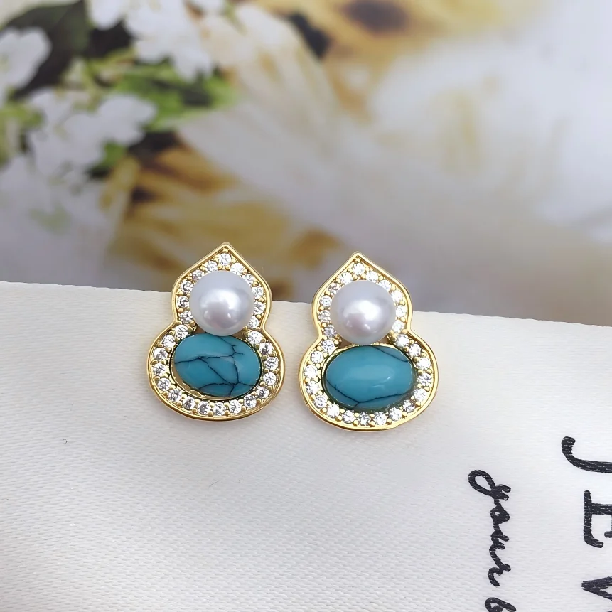 ZHBORUINI Freshwater Pearl Earring Chinese Style Calabash Design Fashion Jewelry With Zircon And Retro Turquoise Stone For Women