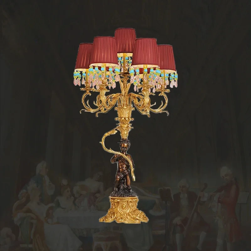 French Baroque Villa Hall Living Room Decorative Copper Table Lamp European Mid Century Hotel Banquet Hall Brass Desk Light
