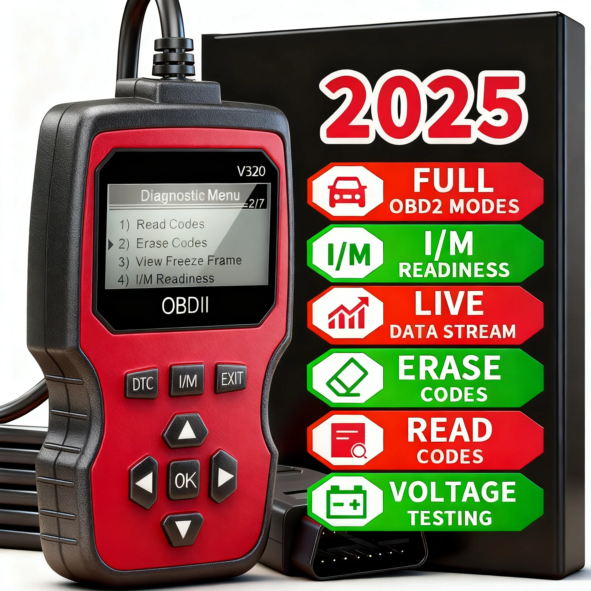 ماسح Obd2 الجديد لعام 2025 - أداة تشخيص السيارة المحمولة، تدعم قراءة/مسح الرمز، وبث البيانات في الوقت الحقيقي، وفحص ضوء المحرك، واختبار البطارية، وما إلى ذلك. - تصميم أحمر/أسود، مناسب لتشخيص المركبات، أداة تشخيص المركبات، واجهة سهلة الاستخدام، هيكل متين، بدون بطارية