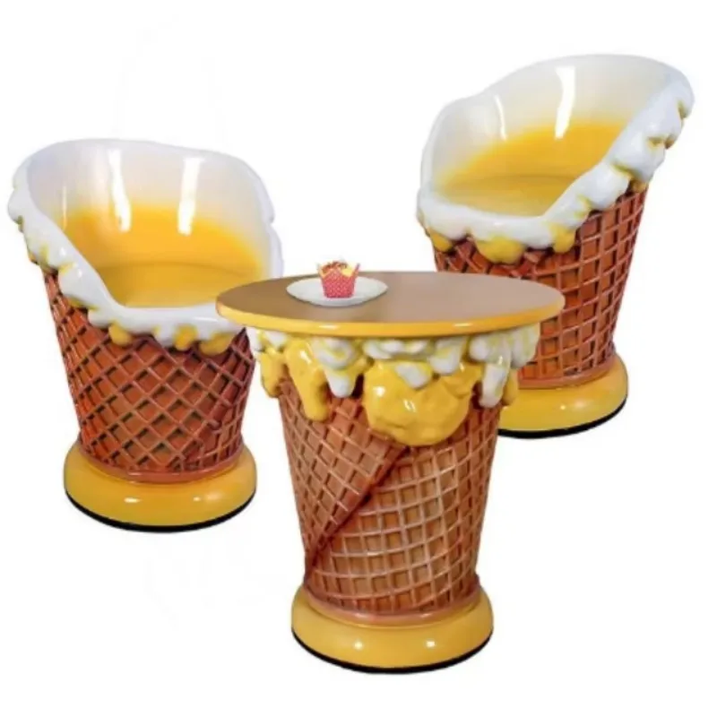 

Fiberglass statue ice cream cone chairs and tables, fiberglass decorated Garden Park ice cream parlor