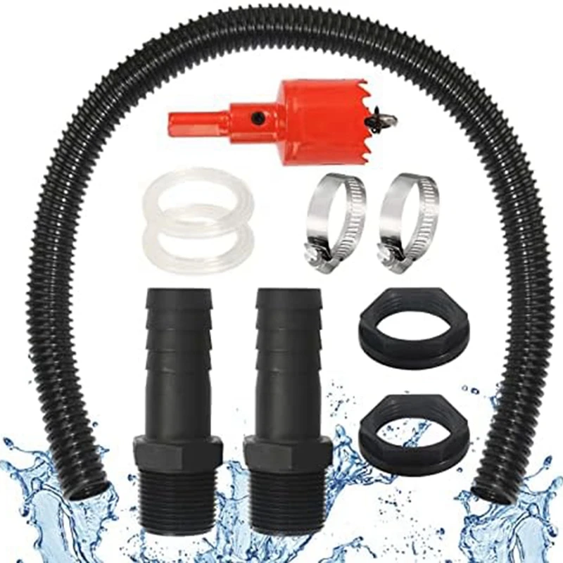 Kit di connessione antipioggia in plastica 2 testa ad acqua attraverso tubo di collegamento da 1 pollice 100 Cm 25 Mm e apri fori, per barili di acqua piovana