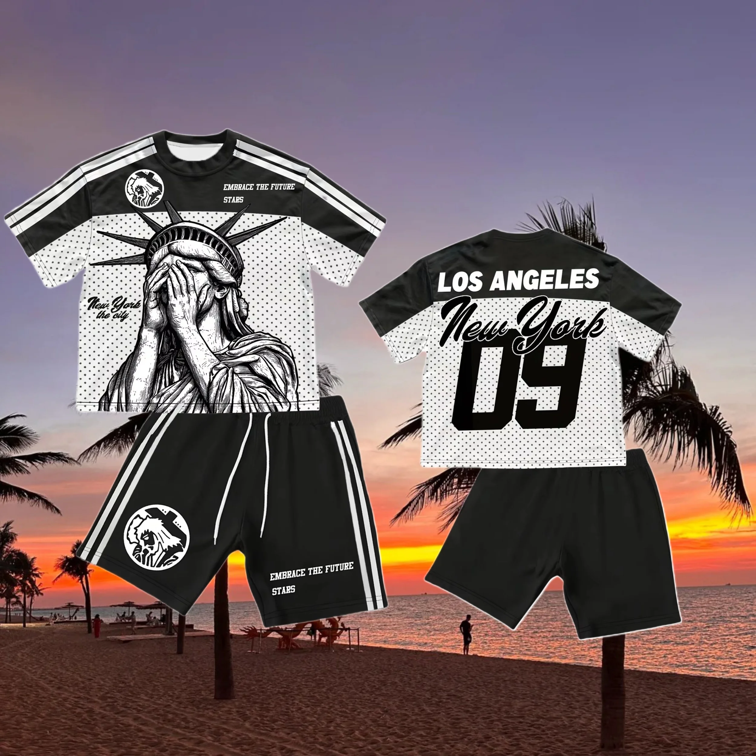 

25/26 New Summer Set Men's T-shirt Trendy American Street Printed Round Neck Men's Set Trendy Handsome Sports Two Piece Set