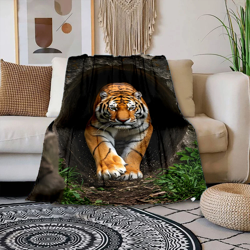 Multiple sizes Tiger emerging from cave Print Blanket Warm Soft Suitable for All Seasons for Home Sofa Travel Camping Picnics RV