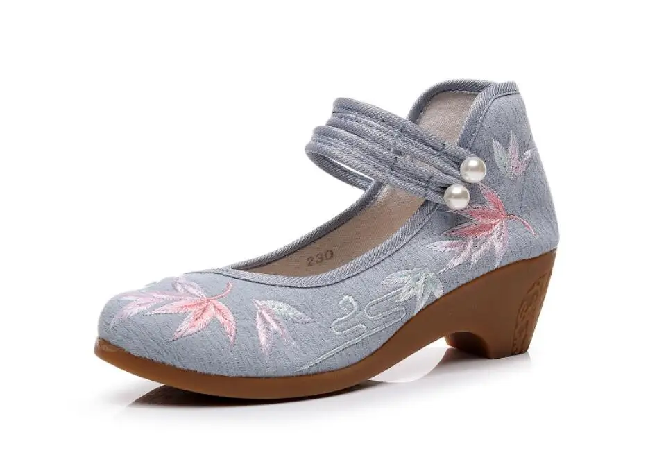 Women Ankle Button Strap Pumps Ethnic Embroidery Mary Jane Dress Shoes Mid Heel Cotton Fabric Espadrilles Vintage Sandals