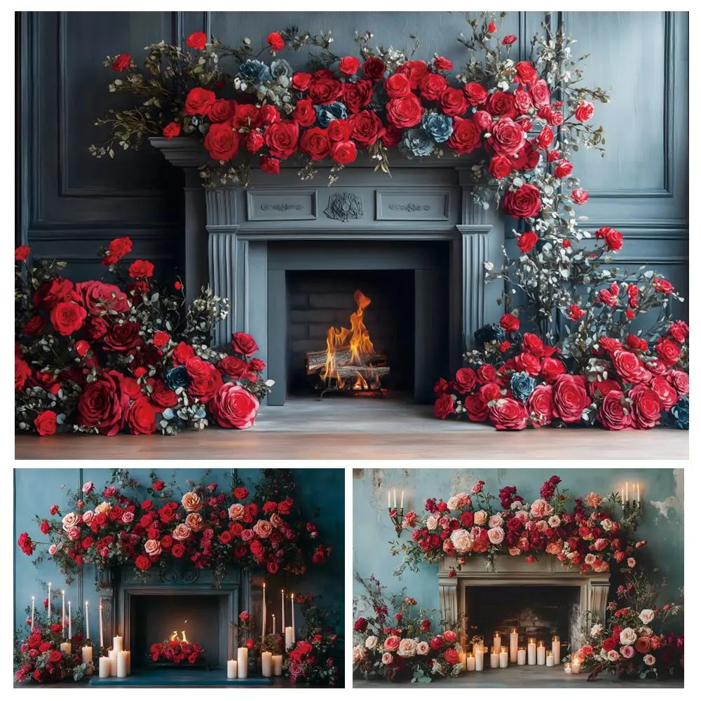 

Rose Flowers Fireplace Backdrop Valentine's Day Photo Couple Sweet Date Wall Decor Photography Background Photostudio Photobooth