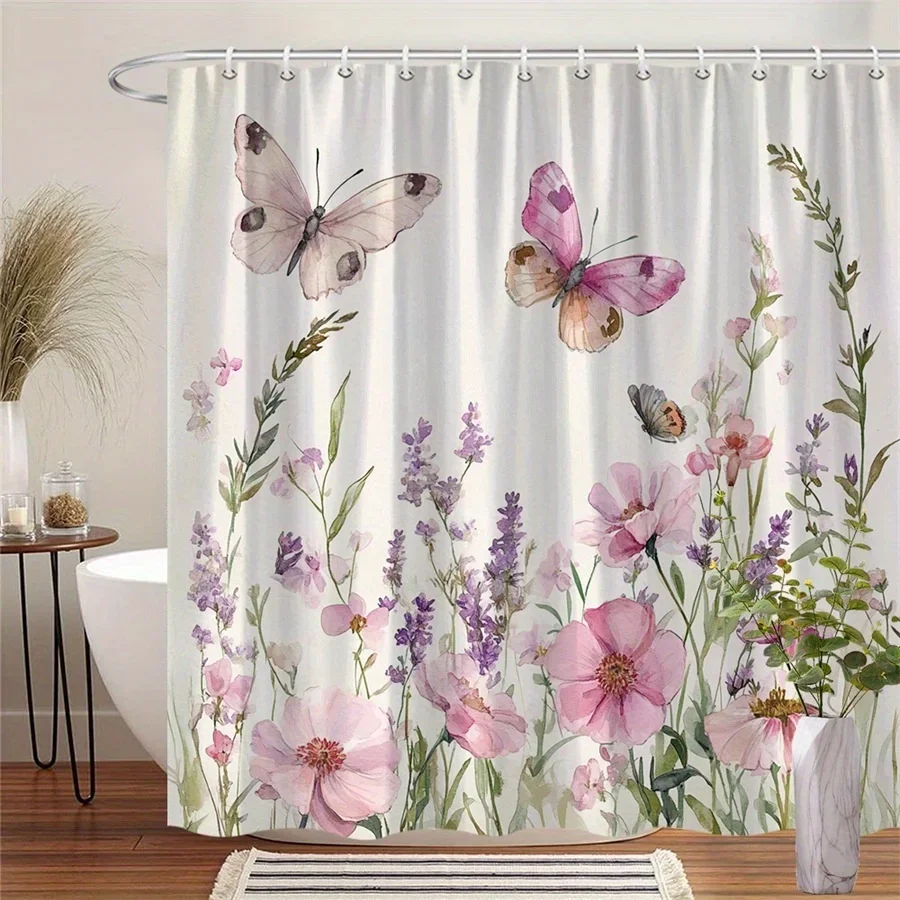 

1, занавеска для душа с акварельными бабочками и цветущими цветами — бледно-розовые розы, полевые цветы лаванды, мягкие серые бабочки