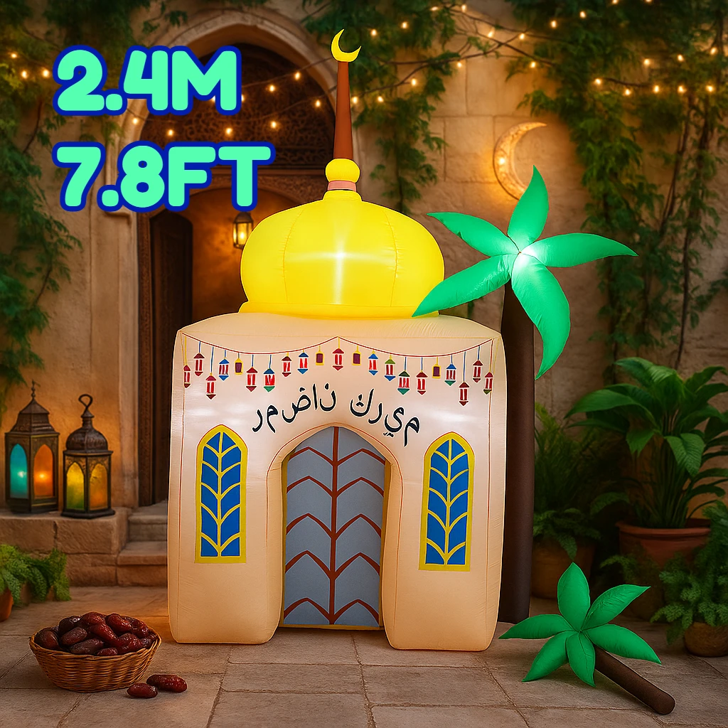 

7.8FT Ramadan Kareem Mosque Inflatable Decor Yellow Dome Green Palm Tree Islamic Outdoor Yard Garden Festive Decorative Supplie