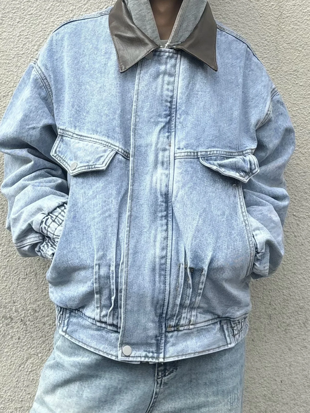 

American Retro Heavy Du Patchwork Denim Jaet Men's Autumn Design Cool Turn-down Collar Versatile Workwear Outerwear