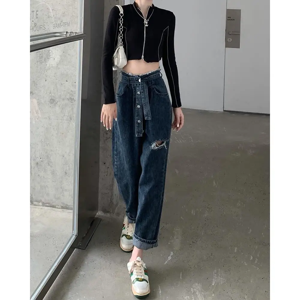 Đen Nữ Quần Jean Lưng Cao Vintage Thẳng Quần Baggy Quần Denim Dạo Phố Phong Cách Thời Trang Ống Rộng Denim Quần Q286