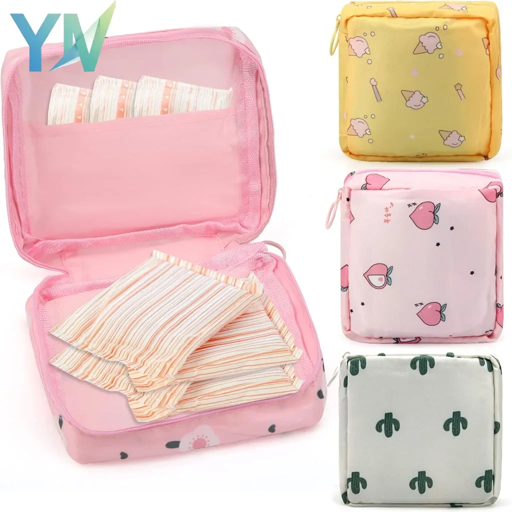 

Cute Cartoon Sanitary Pad Organizer Bag for Women Girls Travel Toiletry Storage Waterproof Discrete Carry Case Cosmetic Bag