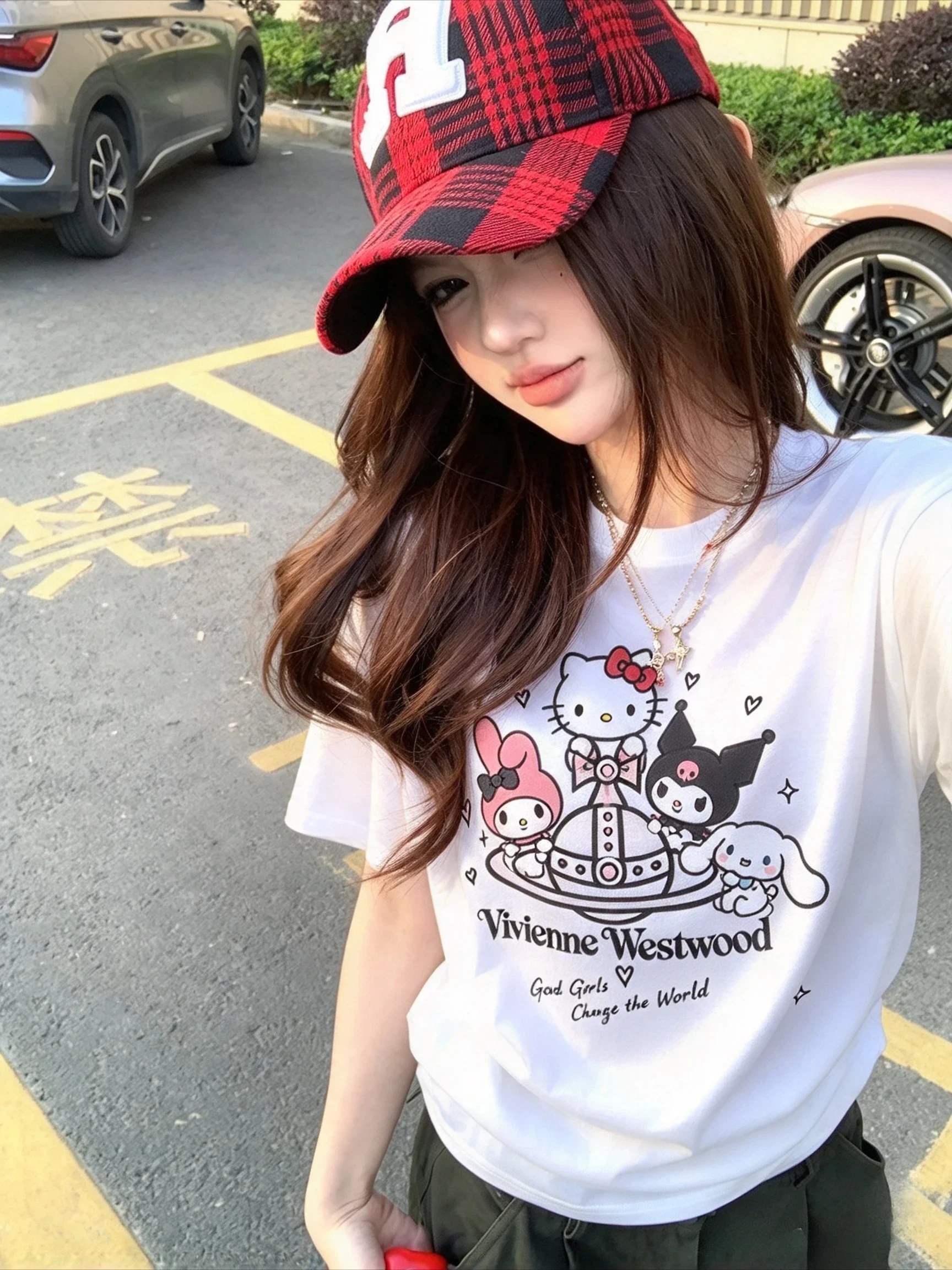 God Girls Change World Hello Kitty Saturn Women's Graphic Tee T Shirt Vintage Retro Edgy Men's Cotton Oversized Short Sleeve Top