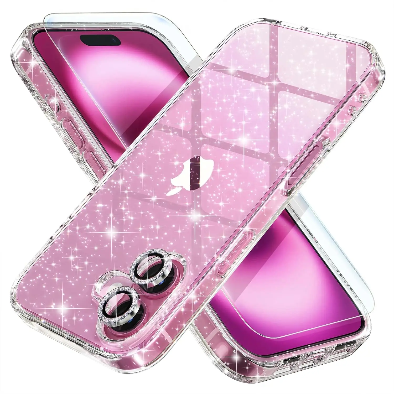 

Glitter Clear iPhone Case with Diamond Lens Covers, Military Drop Protection, Includes Screen Protectors for 6.1-inch Model