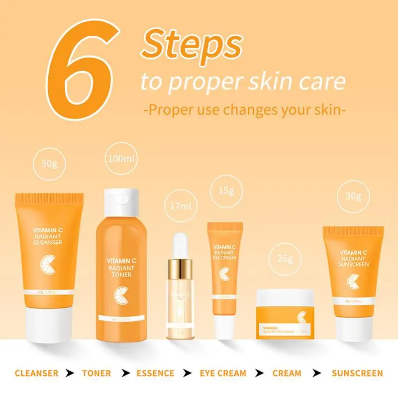 6 unids/set vitamina C cuidado Facial Set suero hidratante VC Essencee Toner VC crema Facial limpiador Facial desvanecimiento ojeras crema de ojos