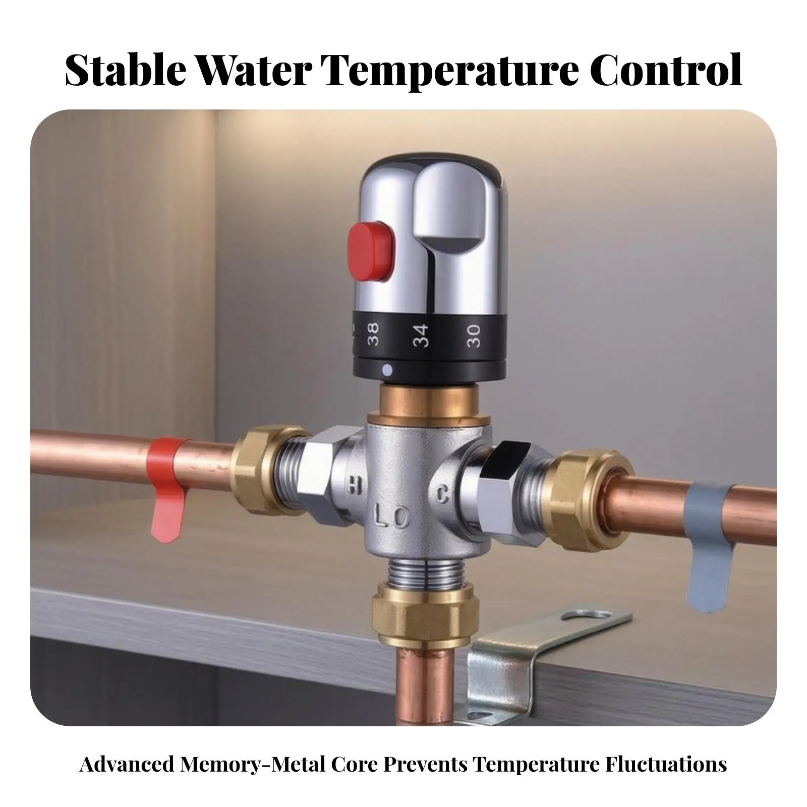 Brass Temperature Control Valve Thermostatic Mixing Valve for Shower Sink Heater with Adjustment Knob Inline Plumbing Part
