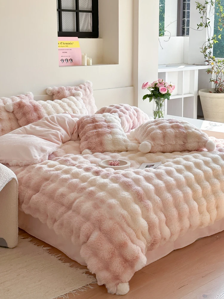 Thickened Fleece Rabbit Velvet Winter Four-Piece Bedding Set Girls Heart Ball Cover Double-Sided Coral Milk Velvet Bedding