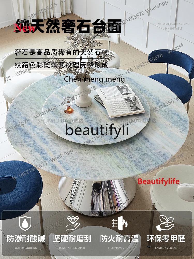 A32 Imported Blue Crystal Luxury Stone Dining Table Round with Turntable Pure Natural Marble Dining Table