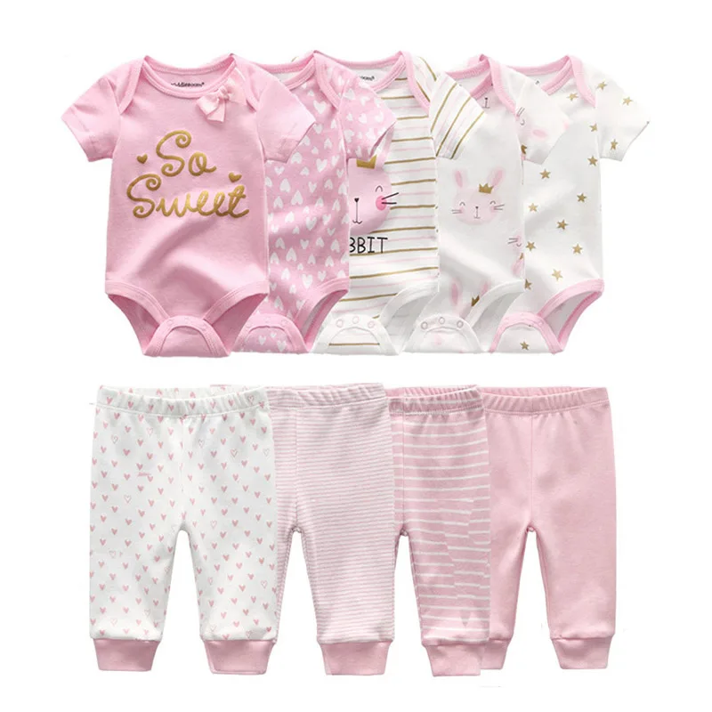 Unisex 6/9/10Pieces Cotton Bodysuits+Pants Newborn Baby Girl Clothes Print Baby Boy Clothes Sets Short Sleeve Bebes