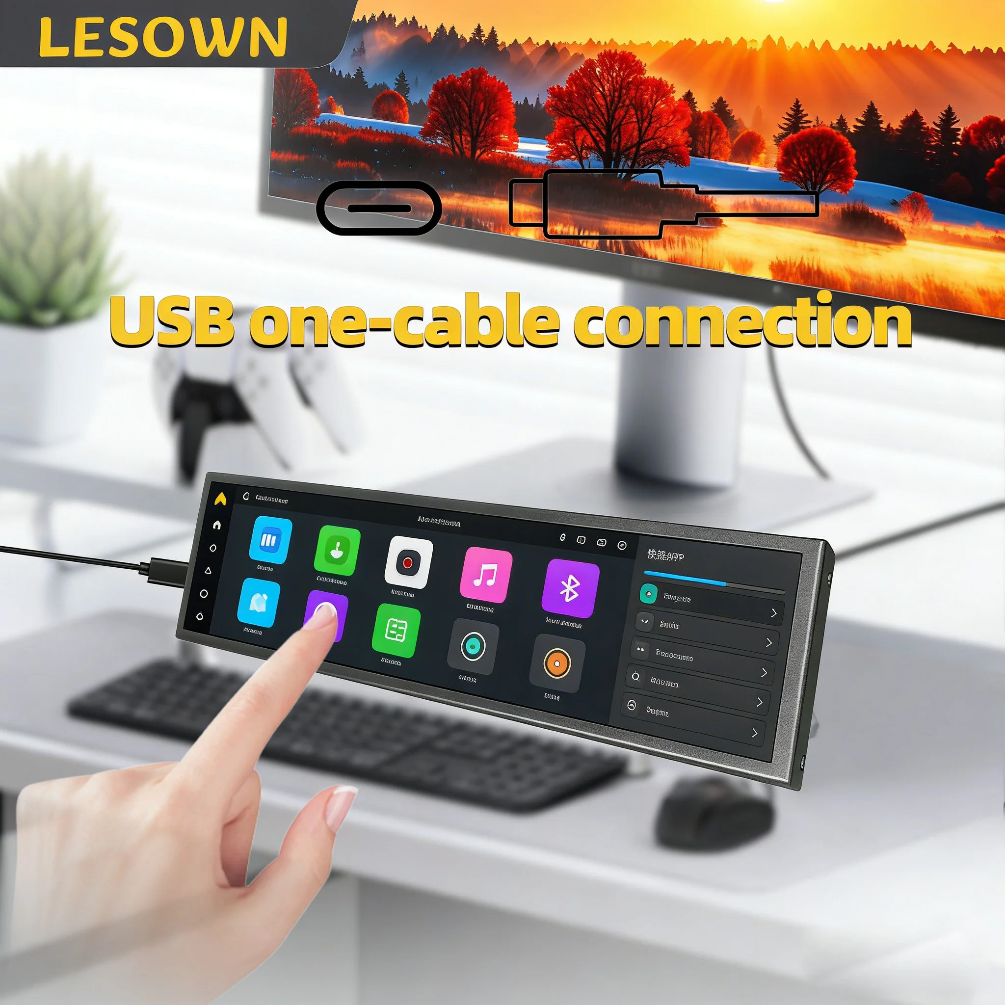 

LESOWN Portable Mini Monitor 8.8'' Bar Screen 480x1920 Stretched Display External Auxiliary Monitor for Quick APP Control Panel