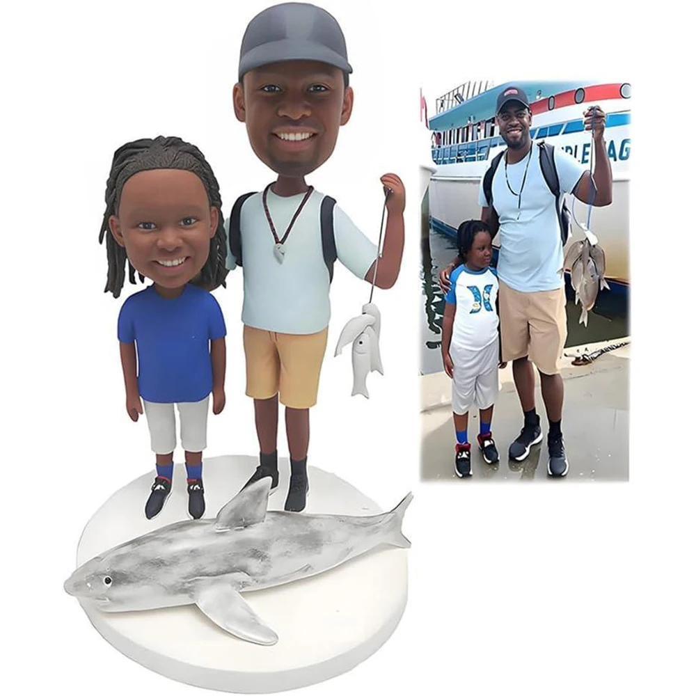 Dad Son Bobblehead Personalized Fishing Statue Sculpture,Handmade Figures Office Home Decor Souvenir Clay Toys Collectibles