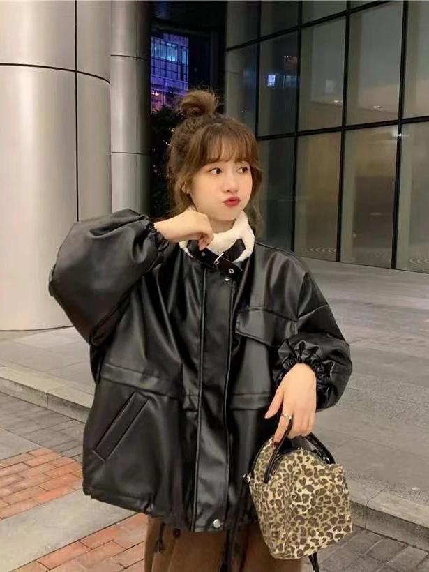 

Korean Style Fleece Lined Short Loose Fit Thickened Long Sleeve Leather Jacket Women's Black Biker Style Outerwear Coat