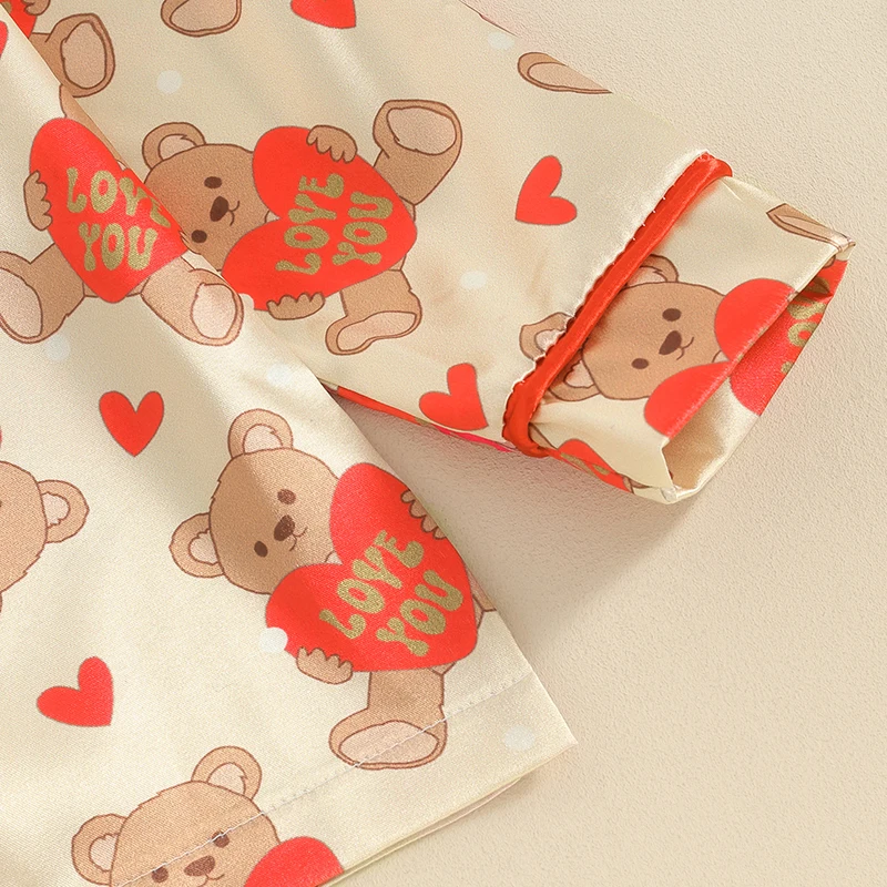 

Girls Spring Autumn Pajama Sets Long Sleeve Lapel Button Up Shirt Heart Bear Print Pants Sleepwear